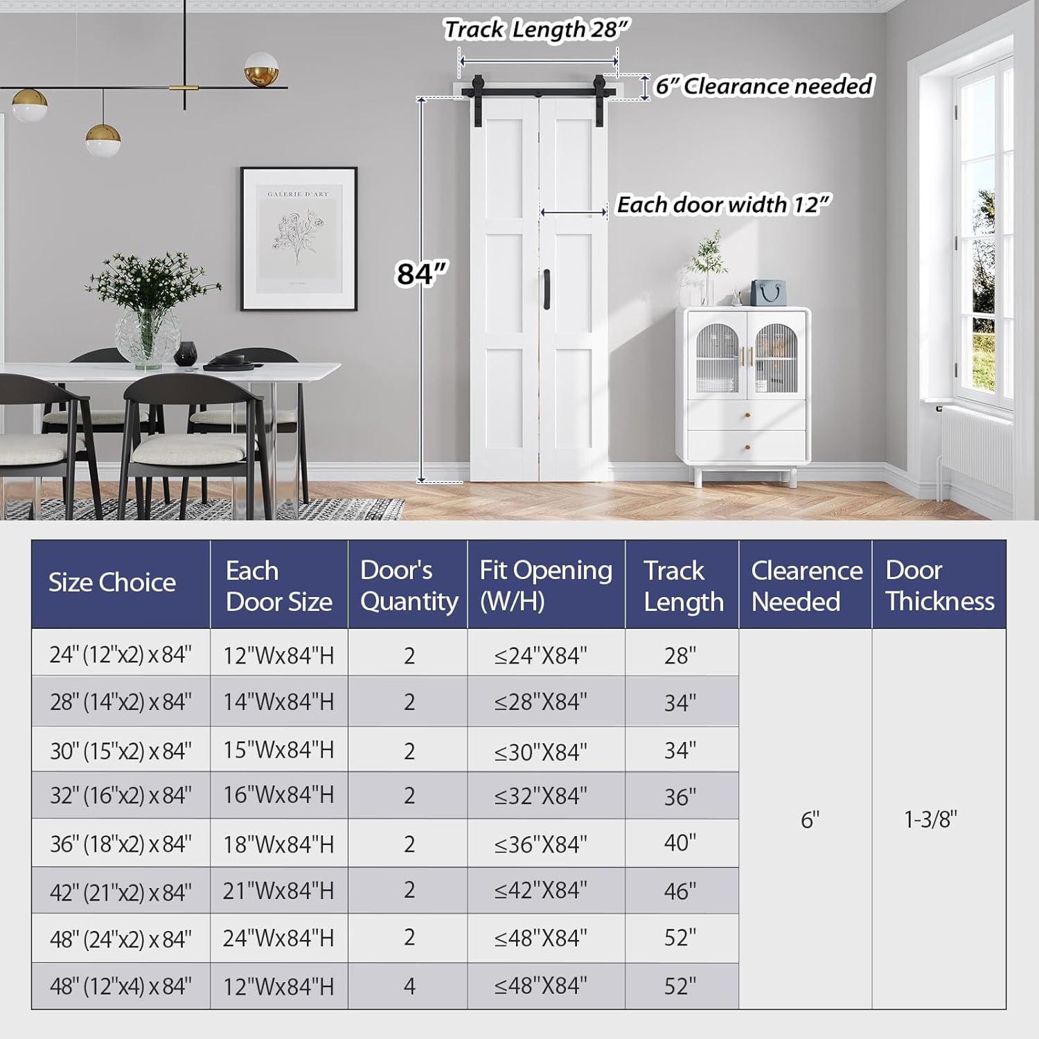 Table showing various door sizes, track lengths, and clearance requirements