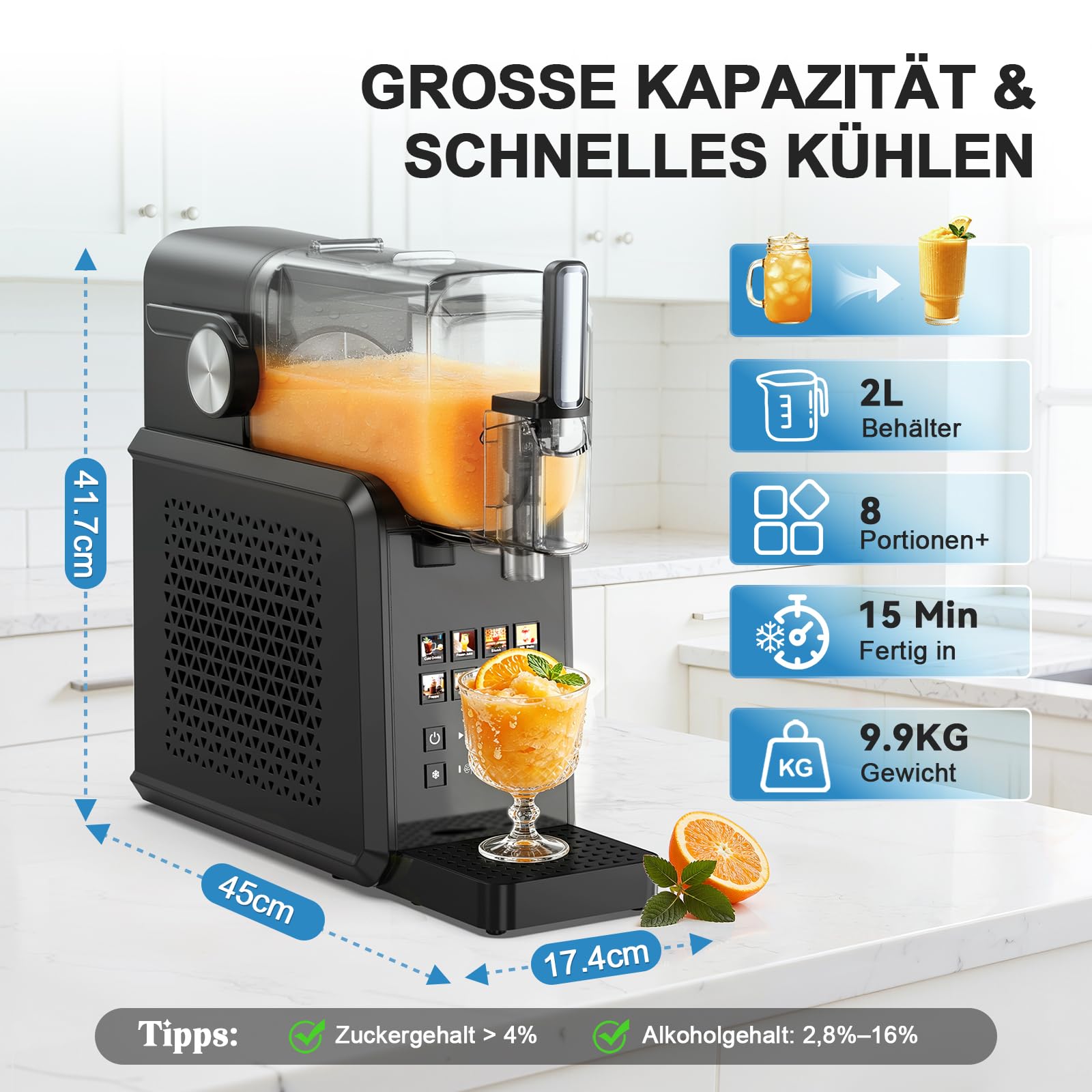 Slushie-Maschine, 2L Slush Eismaschine für Zuhause, Slush Ice Maker mit 8 Modi, kein Eis & kein Mixen, One-Touch Start & Selbstreinigend, Slushmaschine für Frappé, Milchshakes, Gefrorene Cocktails