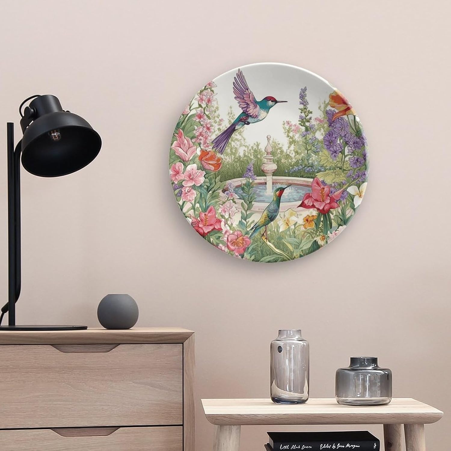 Garden with Birds And Flowers Ceramic Plate 10inch Decorative Bone China Wall Hanging Ornament Plates Bohemian Style Dinner Plate with Display Stand Cabinet Display Plates for Home Art Decor