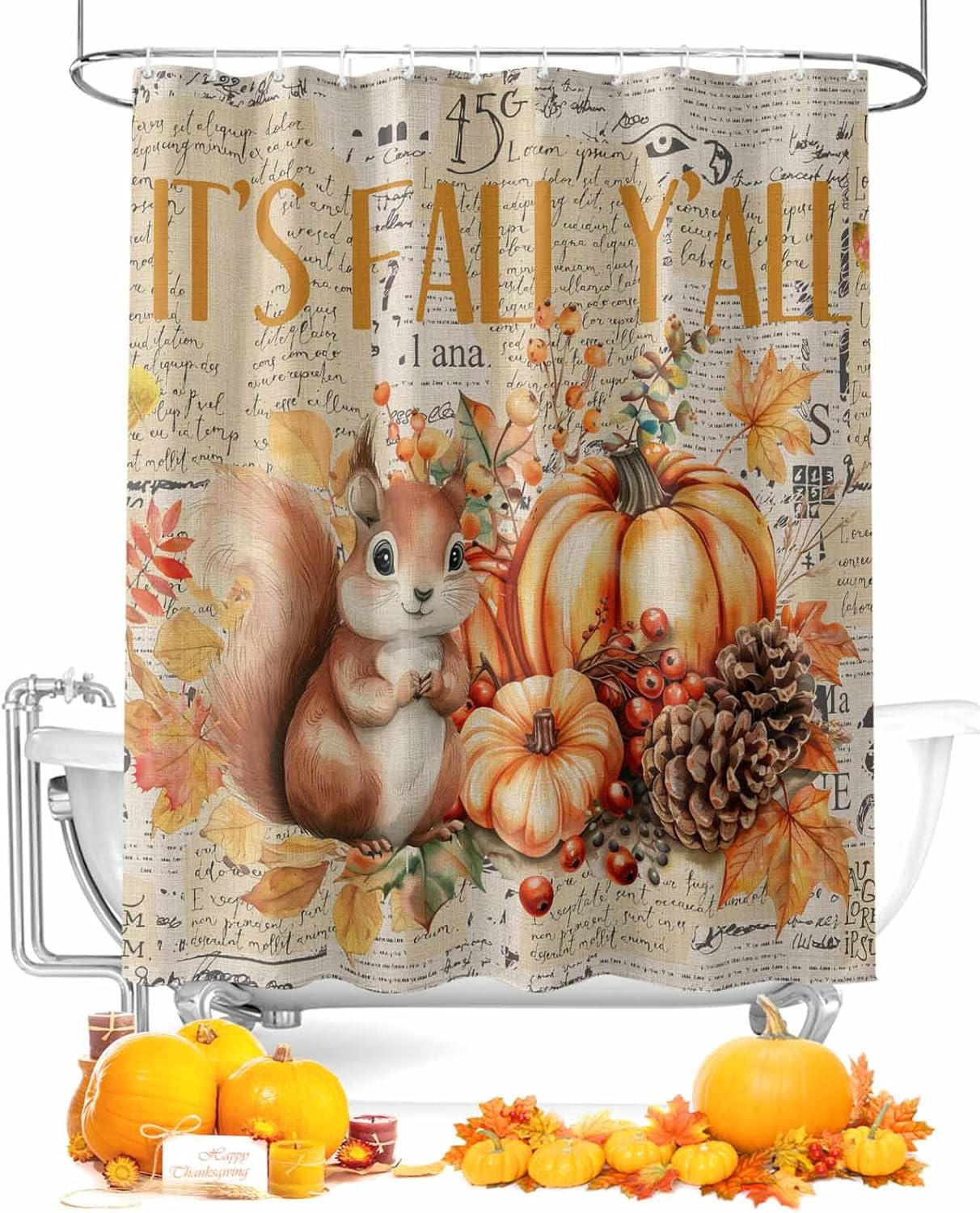 Thanksgiving Maple Leaves Shower Curtain Sets with Hooks for Bathroom 36x72 in, Waterproof Fabric Fall Retro Cute Squirrel Pampkin Shower Curtain Farmhouse Bath Home Decor