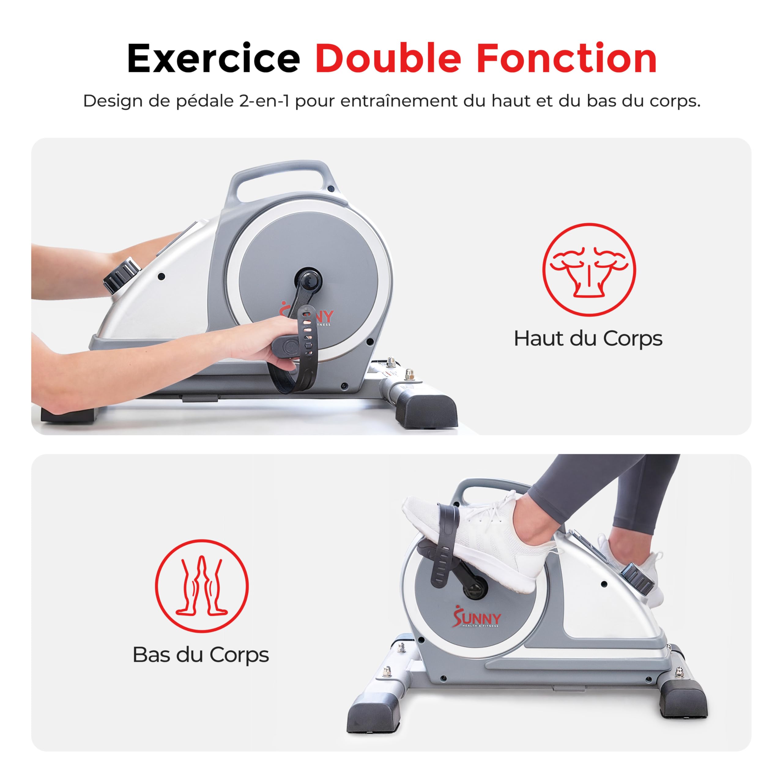 Sunny Health & Fitness Vélo d'appartement Intelligent, Mini-pédalier Double Fonction à encastrer pour Seniors, Disponible en Option avec Les Applications gratuites SunnyFit et Magnetic