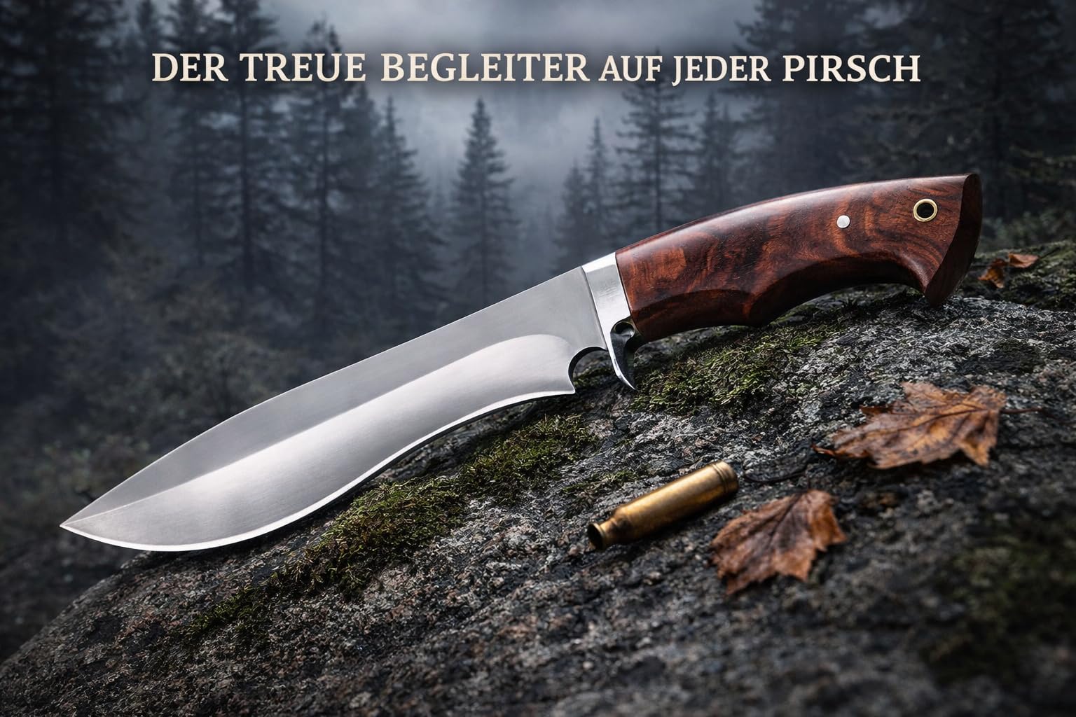Handmade hunting knife, 26 cm blade made of real Damascus steel, rosewood handle, 39 cm overall length, real leather sheath. (Bowie-3)