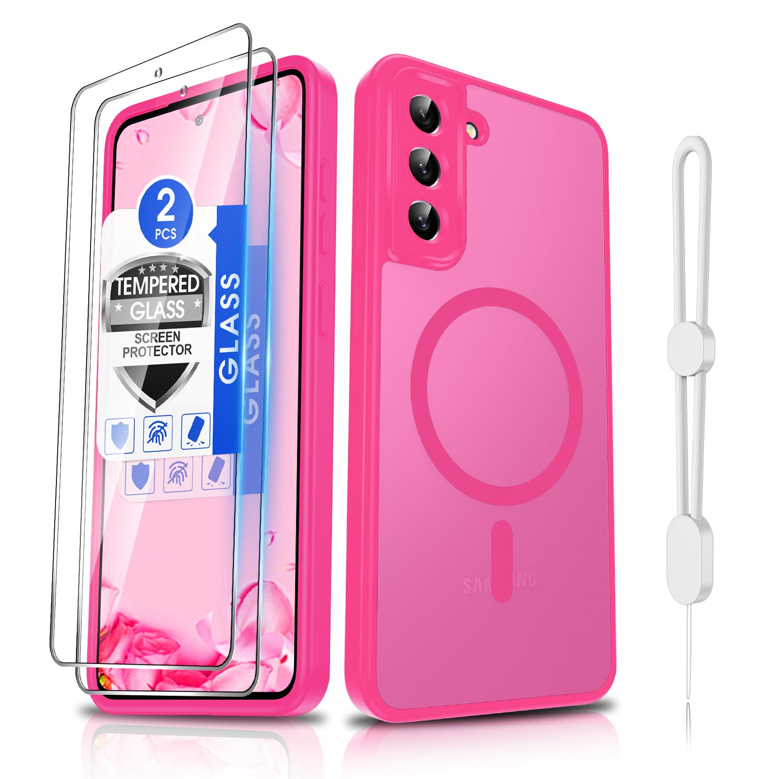 Dizn Magnetic for Samsung Galaxy S21 FE Case,[𝐍𝐨𝐭 𝐅𝐢𝐭 𝐒𝟐𝟏],with Tempered Glass Screen Protector, Compatible with MagSafe,Strap,Military GradeShockproof Protective S21FE,Hot Pink