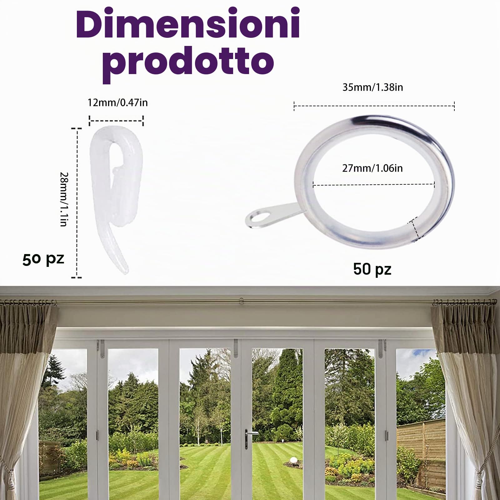 Set di 50 anelli per tenda mute in argento, con 50 anelli in gomma, diametro interno 27 mm, per tenda e aste