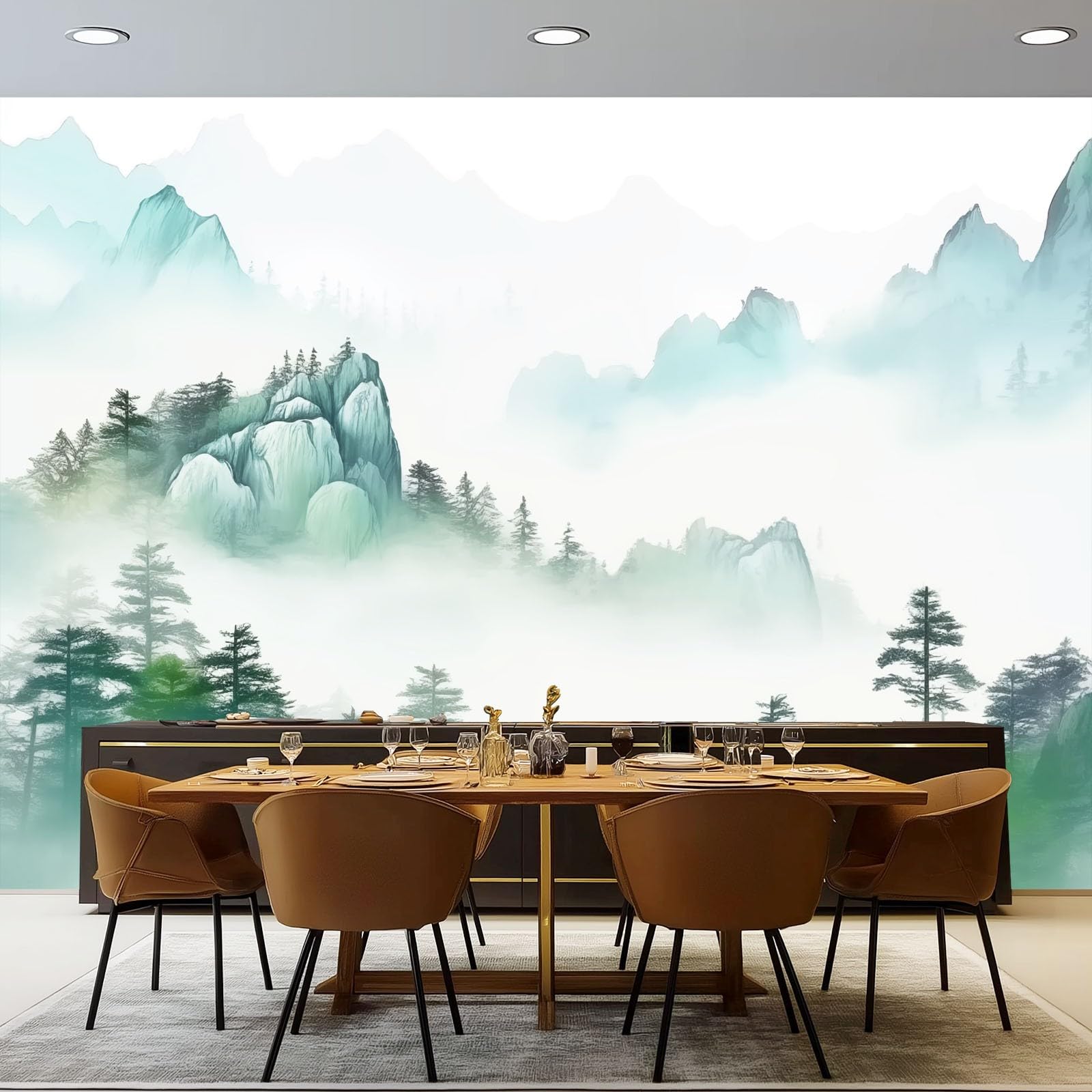 Fototapeta chińskie wzory malarskie 300 x 210 cm – chiński styl krajobrazowy fototapeta ścienna włóknina murale sztuka ścienna polar jasnozielony nadruk dekoracja domu projekt do salonu