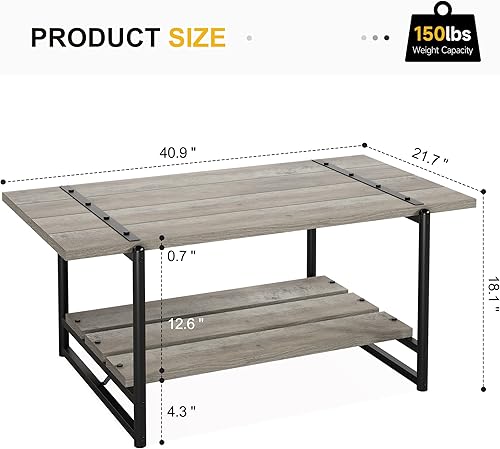 Miniatura 3 de Towallmark Mesa auxiliar de madera de 2 niveles, mesa de centro de granja con estante de almacenamiento, centro rectangular de metal rústico, mesa
