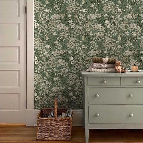 Miniatura 3 de MuralPeel Papel tapiz vintage con diseño de flores silvestres y flores silvestres blancas y verde azulado para despegar y pegar, autoadhesivo,