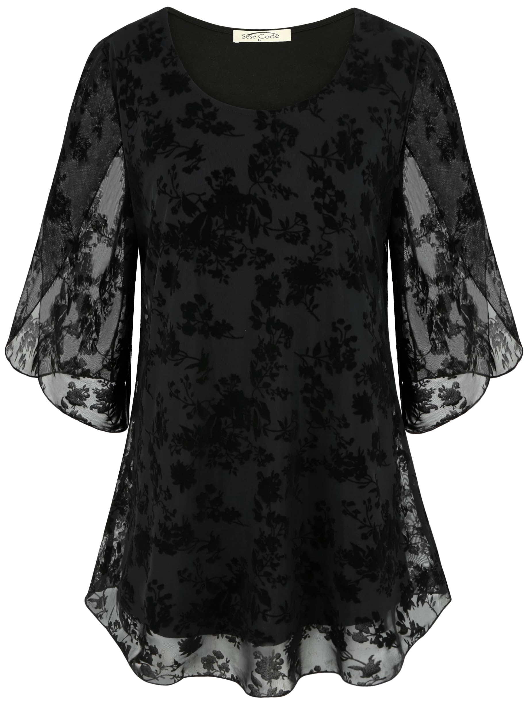 SeSe Code Womens Ruffle 3/4 Sleeve Mesh Blouses Loose Flowy Tops Stretchy Shirts