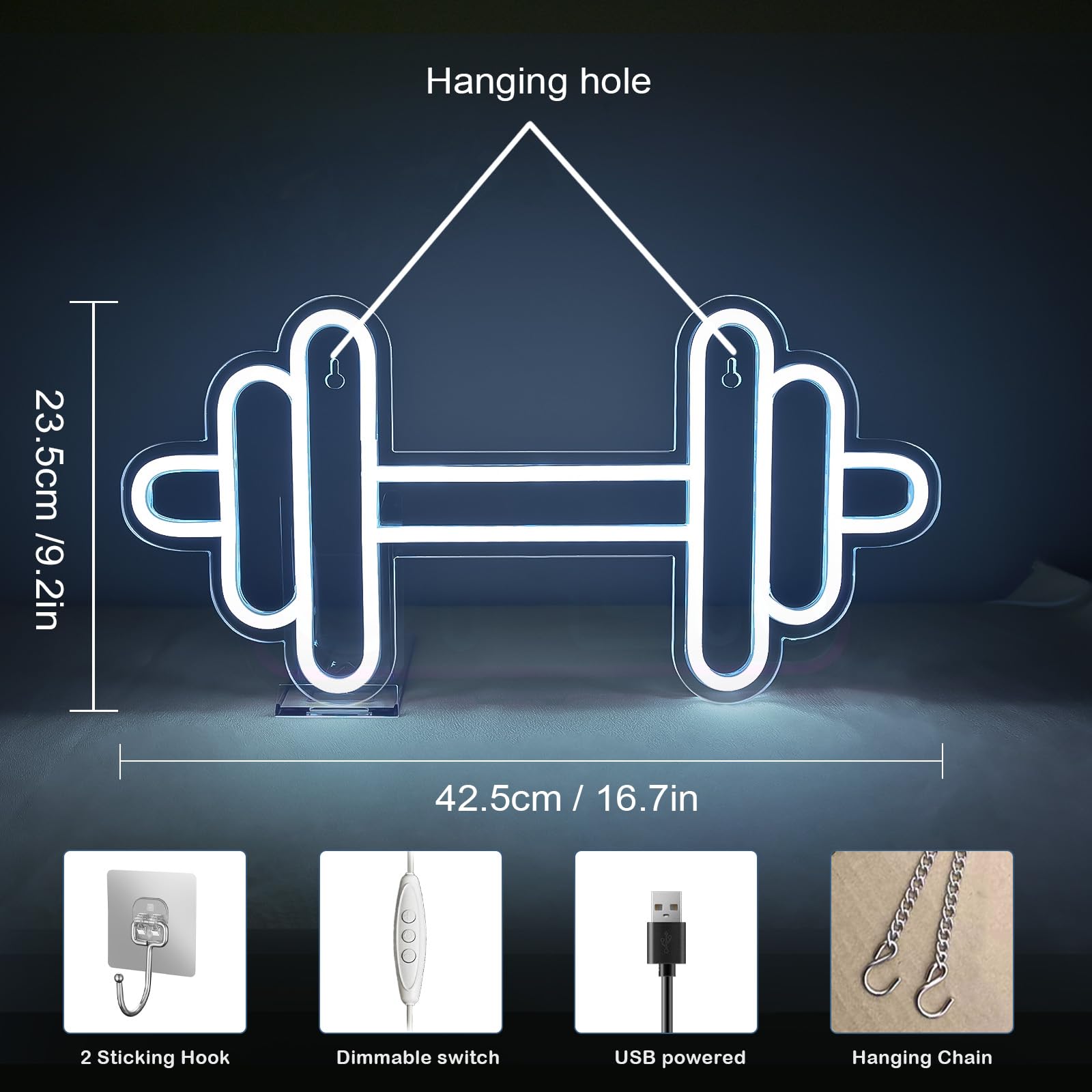 Gym Neon Led Haltères Led Blanc Froid Dimmable Décoration Murale Enseigne Lumineuse Panneau Lumineux Salle de Sport