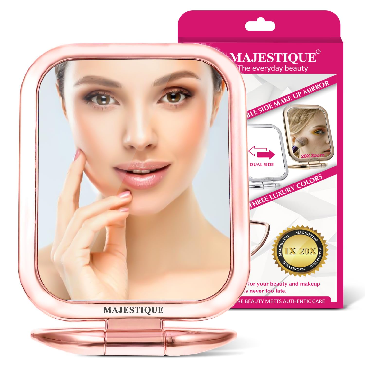 MAJESTIQUE Double Side Makeup Mirror, 1X/20X Square Zoom Mirror, Vanity Mirror with Stand for Desk Table Camping Travel Personal, 180 Degree - Rose Gold-image-38