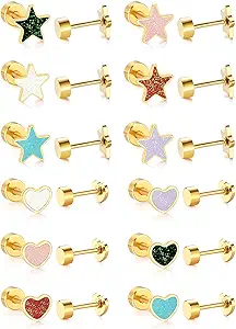 Screw Back Earrings for GirIs Women 12Pack, Hypoallergenic 14K Gold-plated Star Heart Surgical Steel Stud Earrings Flat Back Earrings Hypoallergenic for Sensitive Ears Screw on Back Earring Jewelry Gift