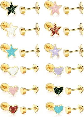 Screw Back Earrings for GirIs Women 12Pack, Hypoallergenic 14K Gold-plated Star Heart Surgical Steel Stud Earrings Flat Back Earrings Hypoallergenic for Sensitive Ears Screw on Back Earring Jewelry Gift