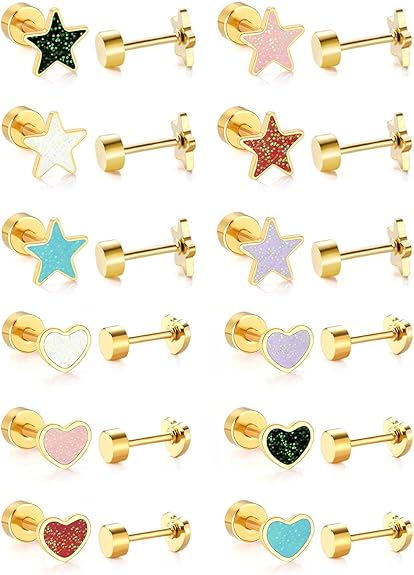 Screw Back Earrings for GirIs Women 12Pack, Hypoallergenic 14K Gold-plated Star Heart Surgical Steel Stud Earrings Flat Back Earrings Hypoallergenic for Sensitive Ears Screw on Back Earring Jewelry Gift