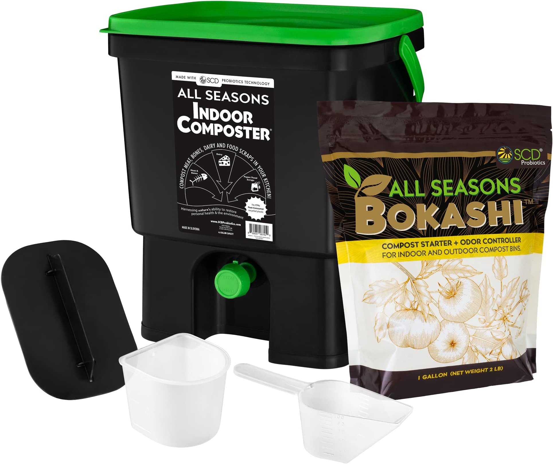 All Seasons Indoor Composter Starter Kit – 5 Gallon Compost Bin for Kitchen Countertop with Lid, Spigot & 1 Gallon (2 lbs.) Bag of Dry Bokashi Bran – by SCD Probiotics