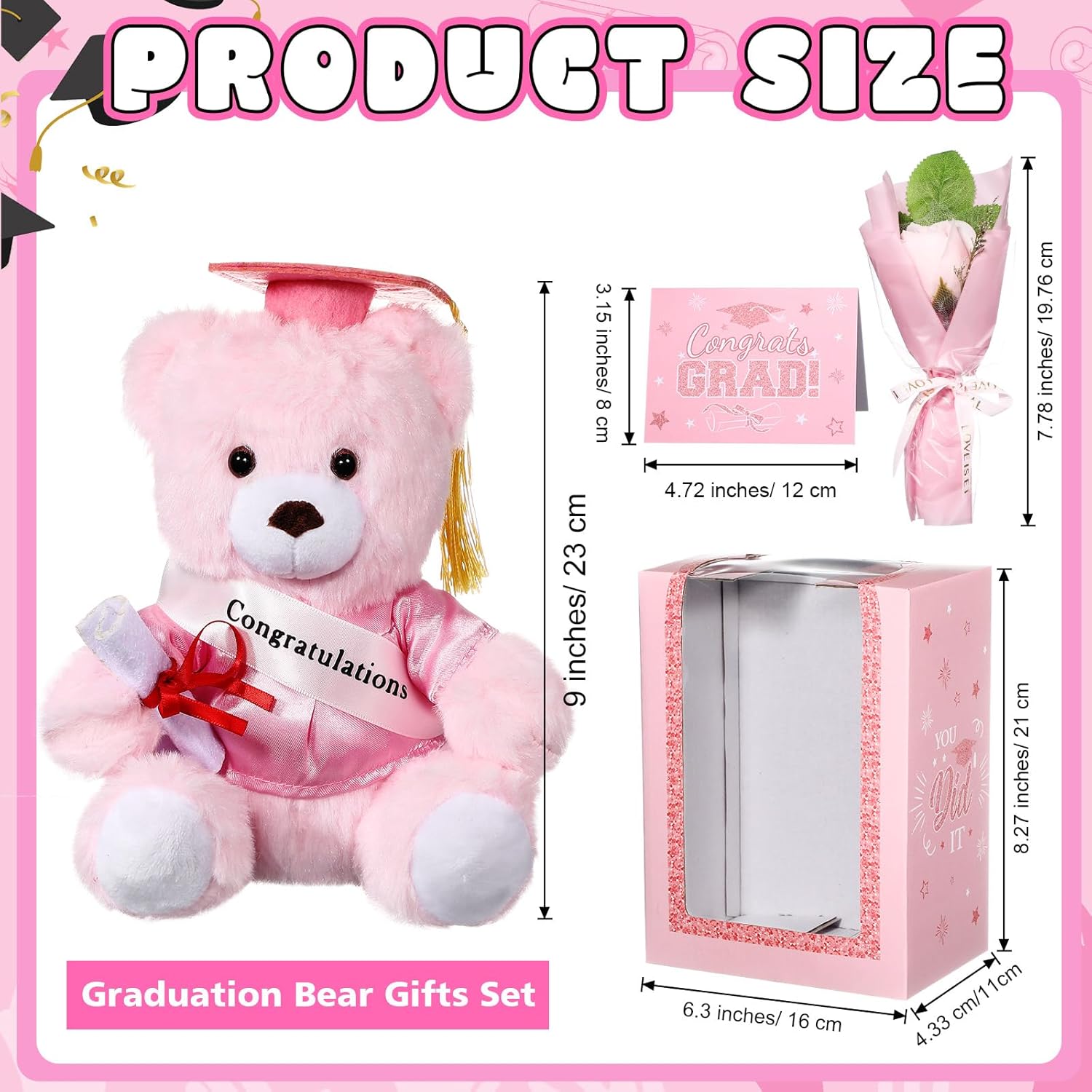 Hollowfly Graduation Bear Gifts Set Include Graduation Bear of 2026 Stuffed Animal with Cap and Gown, Artificial Flower, Graduate Gift Box with Window and Greeting Card for Him or Her(Pink)