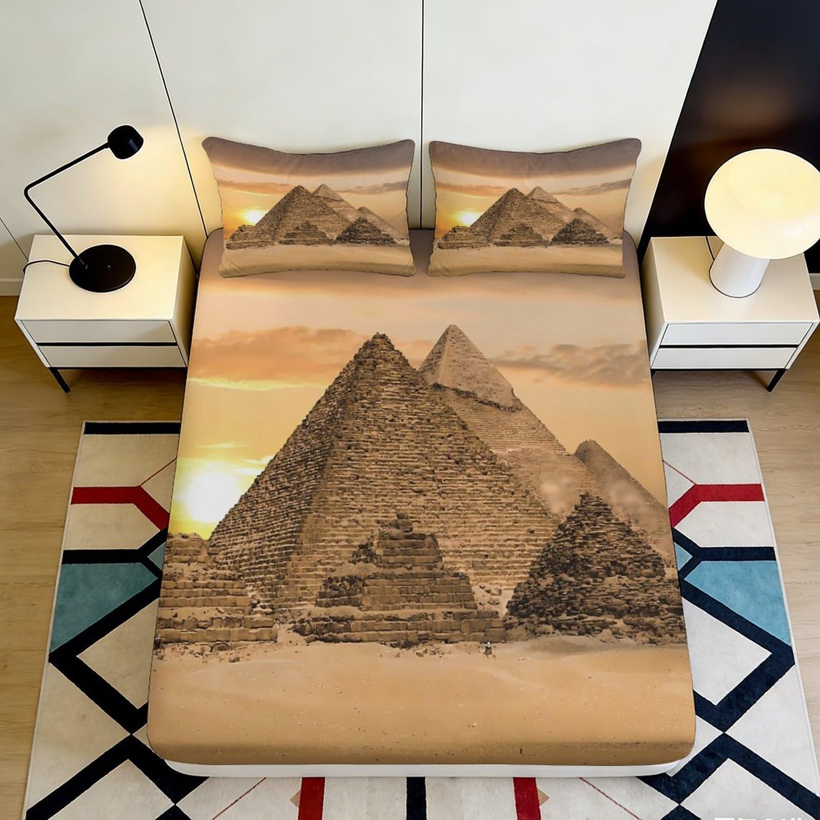 3D Printed Pyramid Sunset Fitted Sheet Microfiber Soft Sandstone Mattress Cover for Bedroom Guestroom Decor 90x200x25cm
