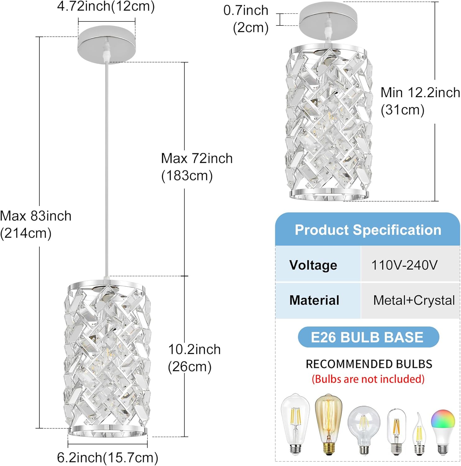 Chrome Pendant Lights Kitchen Island, Mini Crystal Modern Kitchen Pendant Lighting Over Sink with 10.2" Clear Glass Shade Chandeliers, Adjustable Pendant Light Fixture for Dinning Room Bedroom