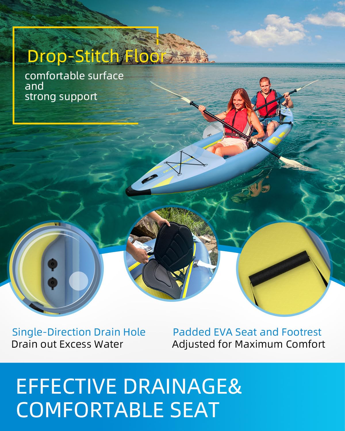 OCEANBROAD Kayak inflable sentado con remo, asiento de kayak, pedal, bomba de mano y bolsa, 1 persona/2 personas, azul/azul cielo