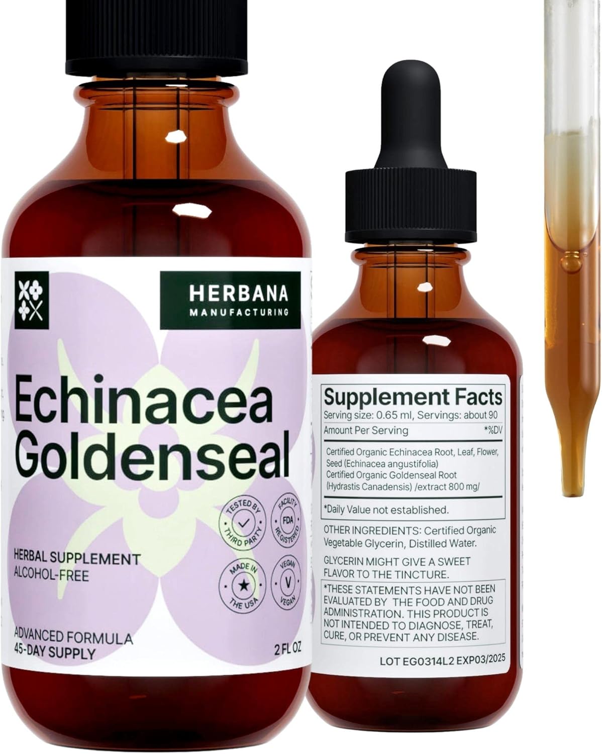 Echinacea and Goldenseal 2 fl oz Liquid Extract – Natural Herbal Supplement – Immune Support Drops – Enhance Sleep | Boost Energy – High Potency – 45-Day Supply