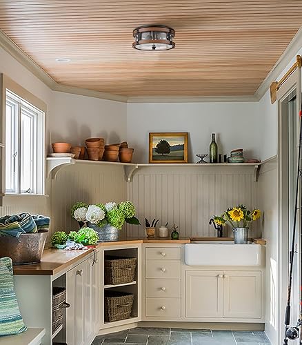 Miniatura 7 de DEYNITE Lámpara de techo de granja con 2 luces para pasillo, acabado de grano de madera rústica y negra con pantalla de vidrio transparente