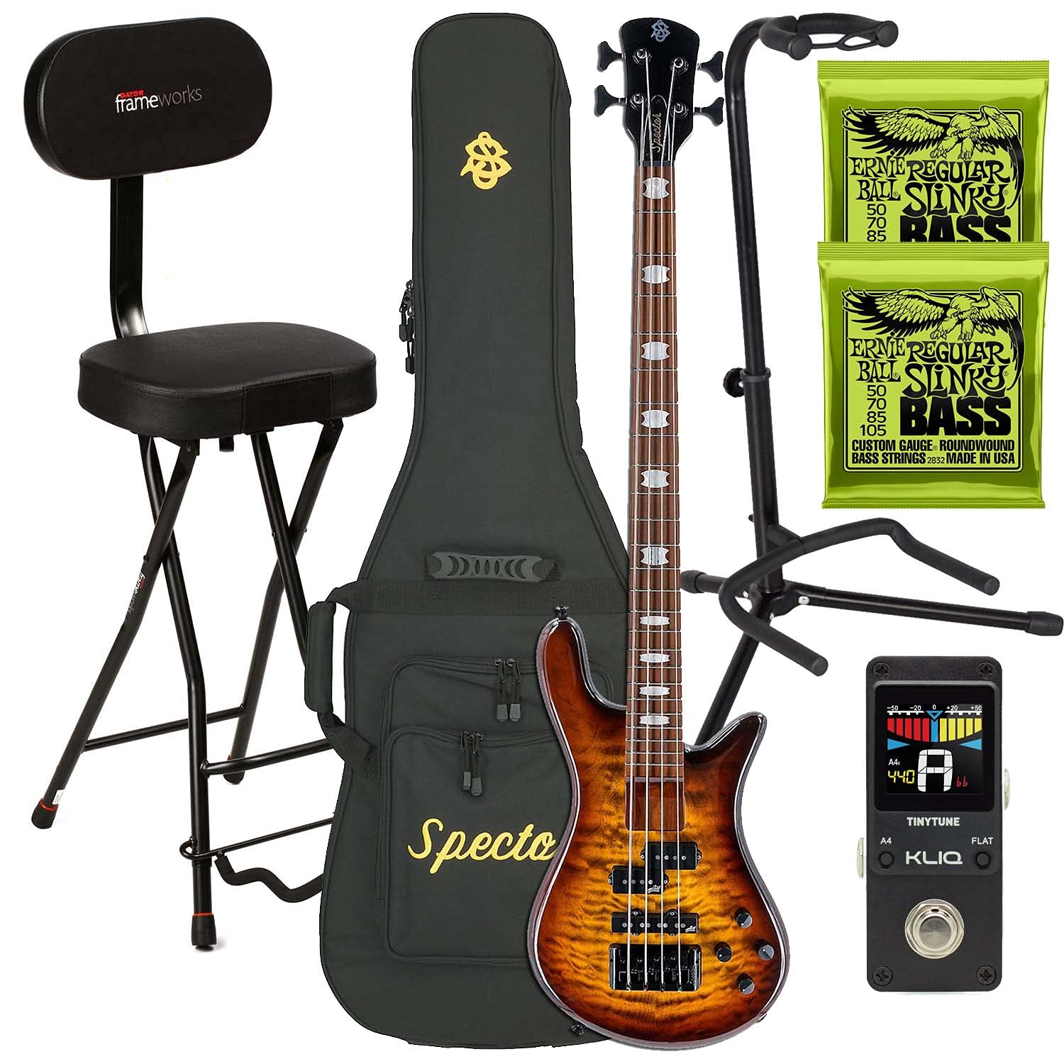 Spector EuroBolt 4 Bass Guitar – Tobacco Sunburst Gloss, (2) EBall 2832, Gator GFW-GTR-1000, KLIQ TinyTune, Gator GFW-GTR-SEAT Bundle