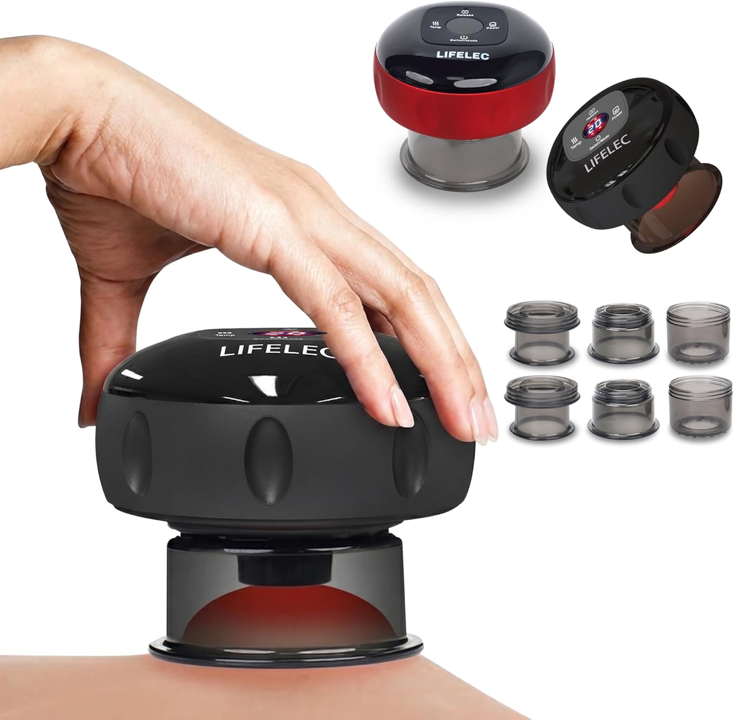 LIFELEC Electric Cupping Therapy Set 2pcs - 6 Cups(Large/Press/Move), 12-Level Heat & Suction, Smart Red Light Therapy - Dual Massagers for Simultaneous Use - for Athletes, Fitness, Pain Relief