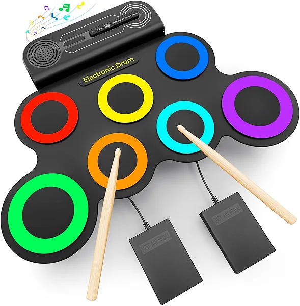 VerkTop Electric Drum Set Built-in Speaker, Kids Electronic Drum Practice Pad Kit, Portable Roll Up Drum Machine with 2 Foot Pedals, Drumsticks, Great Birthday Christmas Gifts for Girls Boys