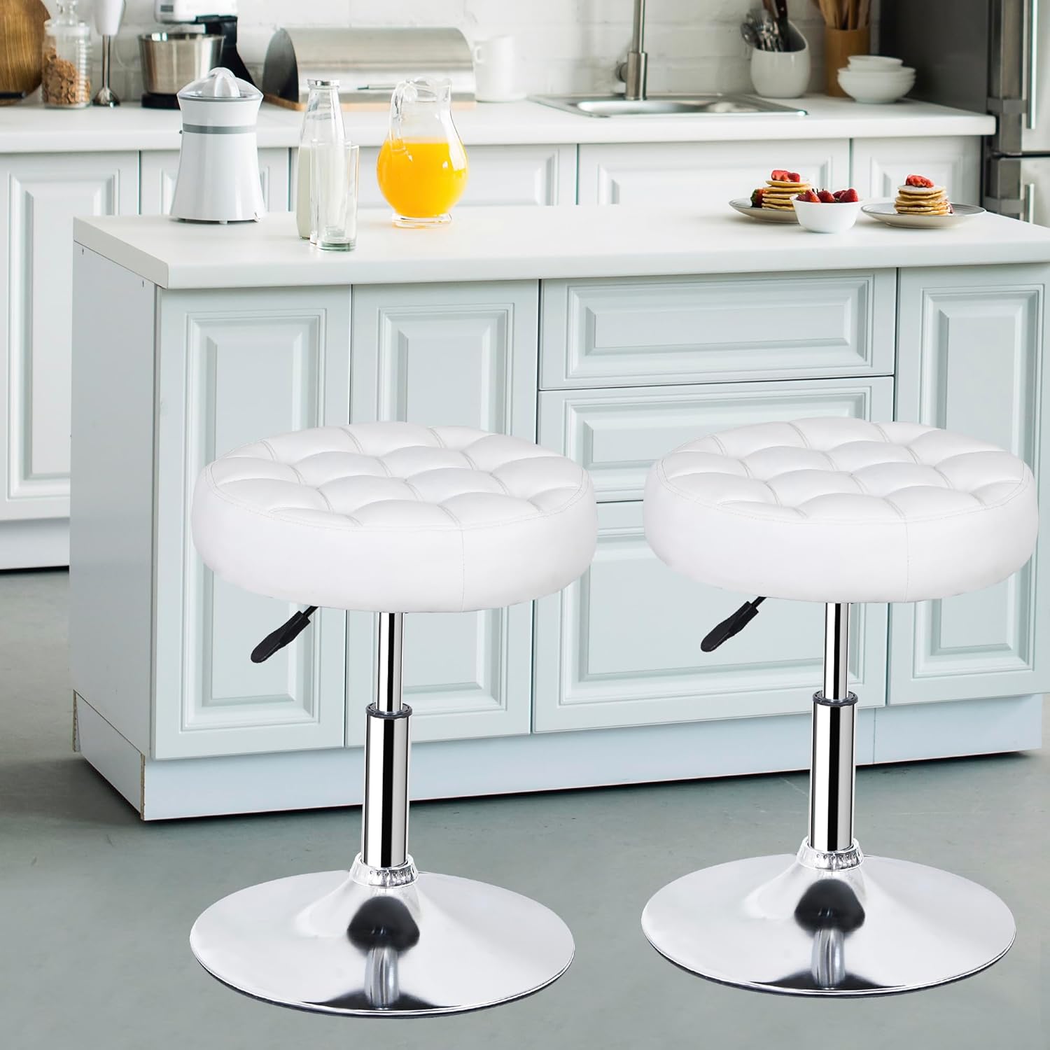 JupiterForce Adjustable Vanity Stool Chair for Makeup, 360° Swivel Makeup Vanity Chair Faux Leather Vanity Stool for Makeup Room, Bathroom and Living Room, White