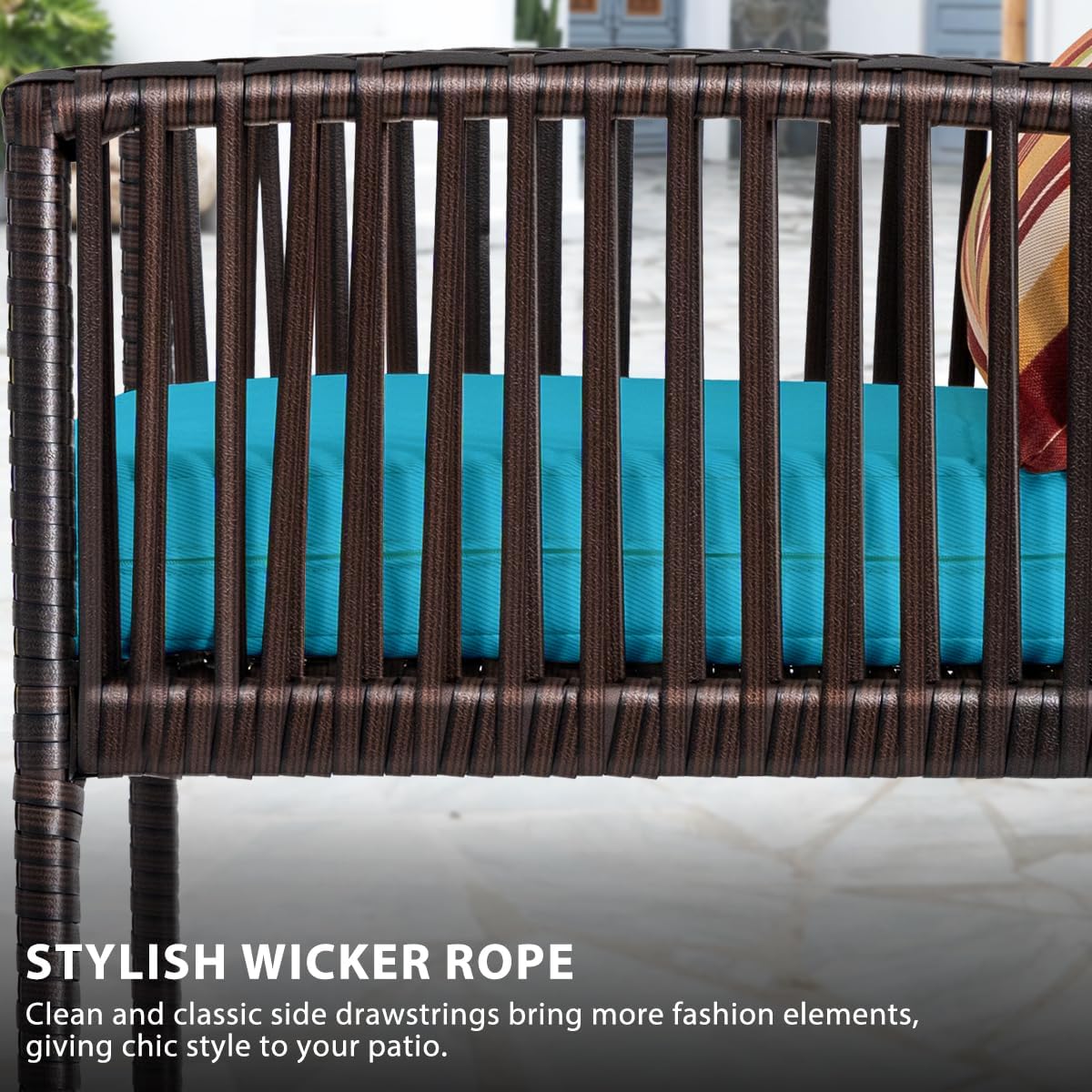 Sundale Outdoor Wicker Bar Stools Set of 4, Patio Counter Height Rattan Rope Stools with Back Rest, High Chair with Pillow & Cushion, All-Weather Armless Tall Pub Barstool (Brown & Blue, 4 Stools)