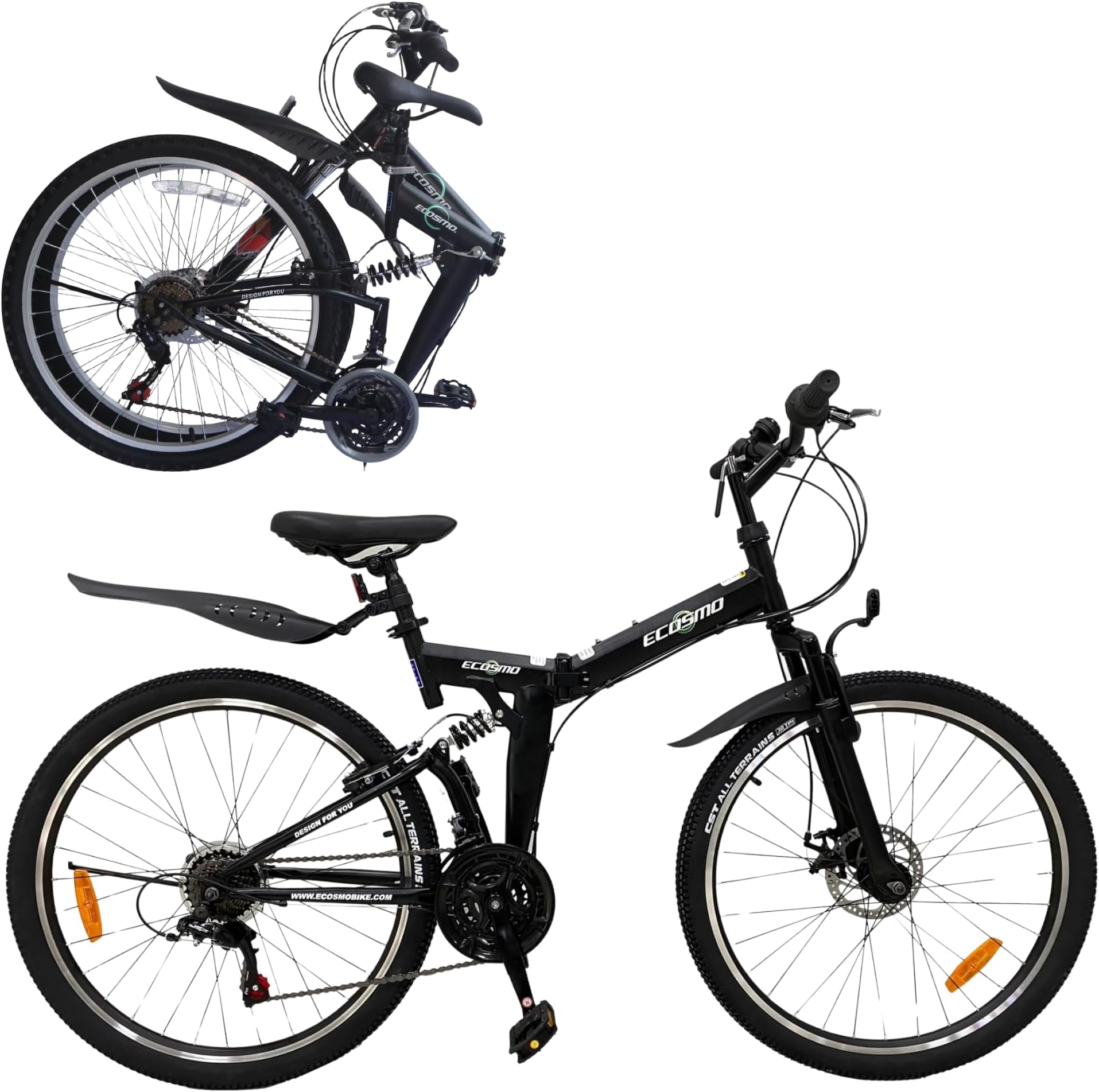 ECOSMO 26 Inch Folding Mountain Bike -21 speed SHIMANO gear system, Dual Suspension,Front Disc Brake, Quick Release Mechanism, Hi-Ten Steel Frame, All Terrain Folding Bicycle (26SF02BL)