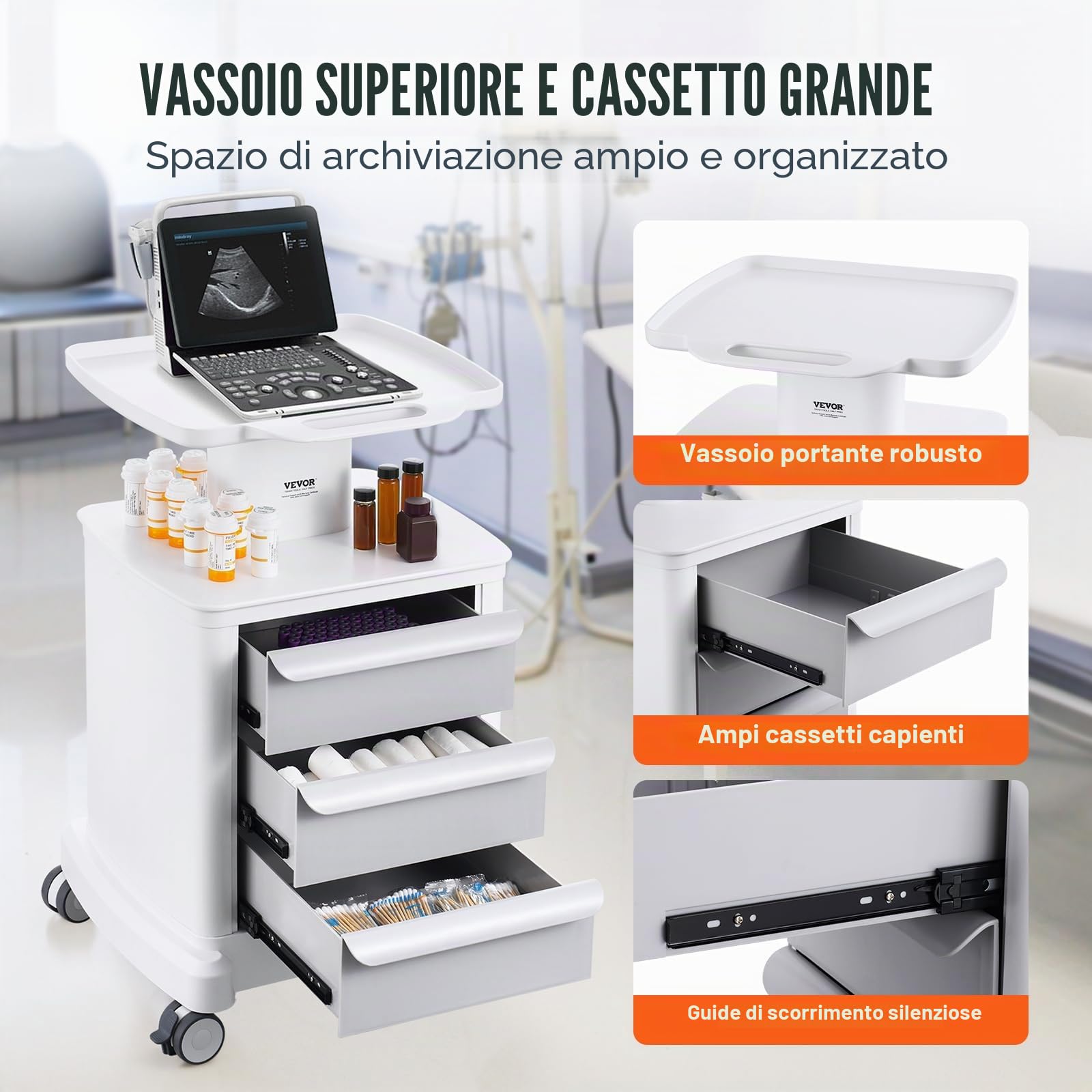 VEVOR Carrello da Laboratorio 4 Ripiani con 3 Cassetti 1 Vassoio Superiore 4 Ruote, Bianco