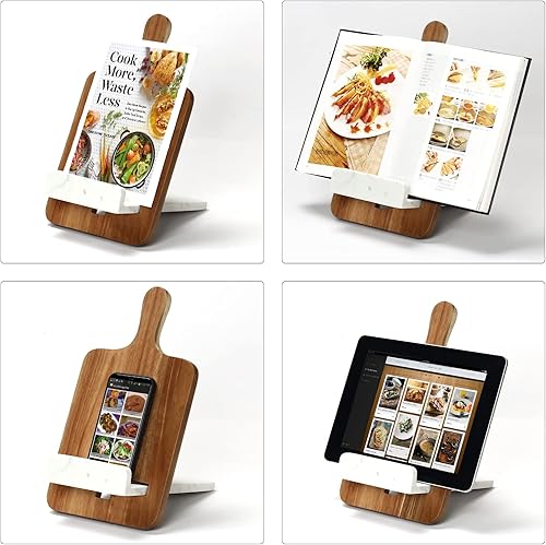 Miniatura 2 de EVERBBKING Soporte para libro de cocina, tabla de cortar de madera de acacia, soporte para libro de cocina, soporte ajustable para iPad o tableta,