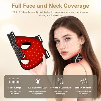Red Light Therapy Mask for Face and Neck Cordless LED Mask with 7 Colour Light Modes Infrared Red Light 309 LEDs 5 Intensity Levels Remote Control Eye Protection