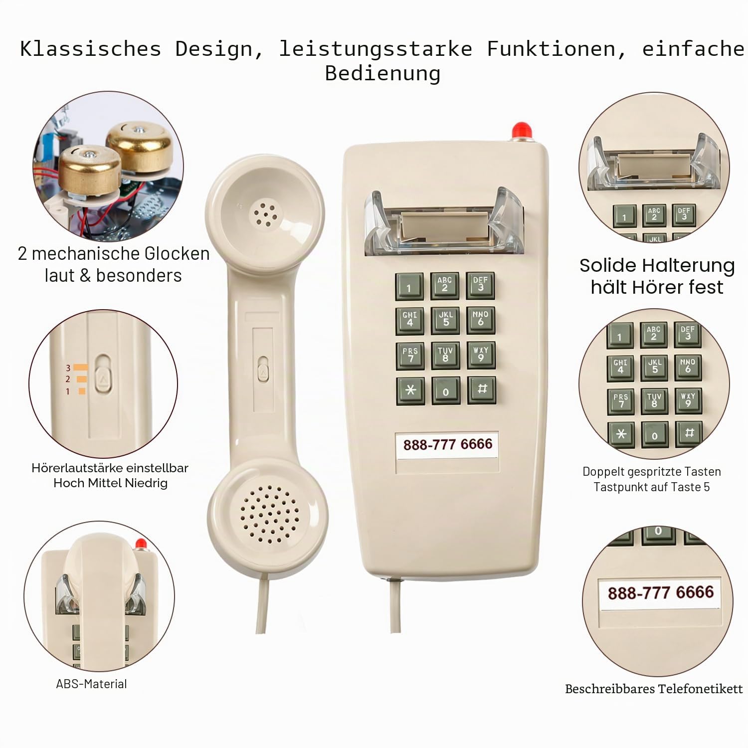 Klassisches Wandtelefon für Festnetz mit mechanischem Klingel, einreihiges 2554 Wandtelefon mit Anzeige, Retro-Wandmontage, wasserdicht, alte Wandhalterung für Küche, Zuhause, Beige