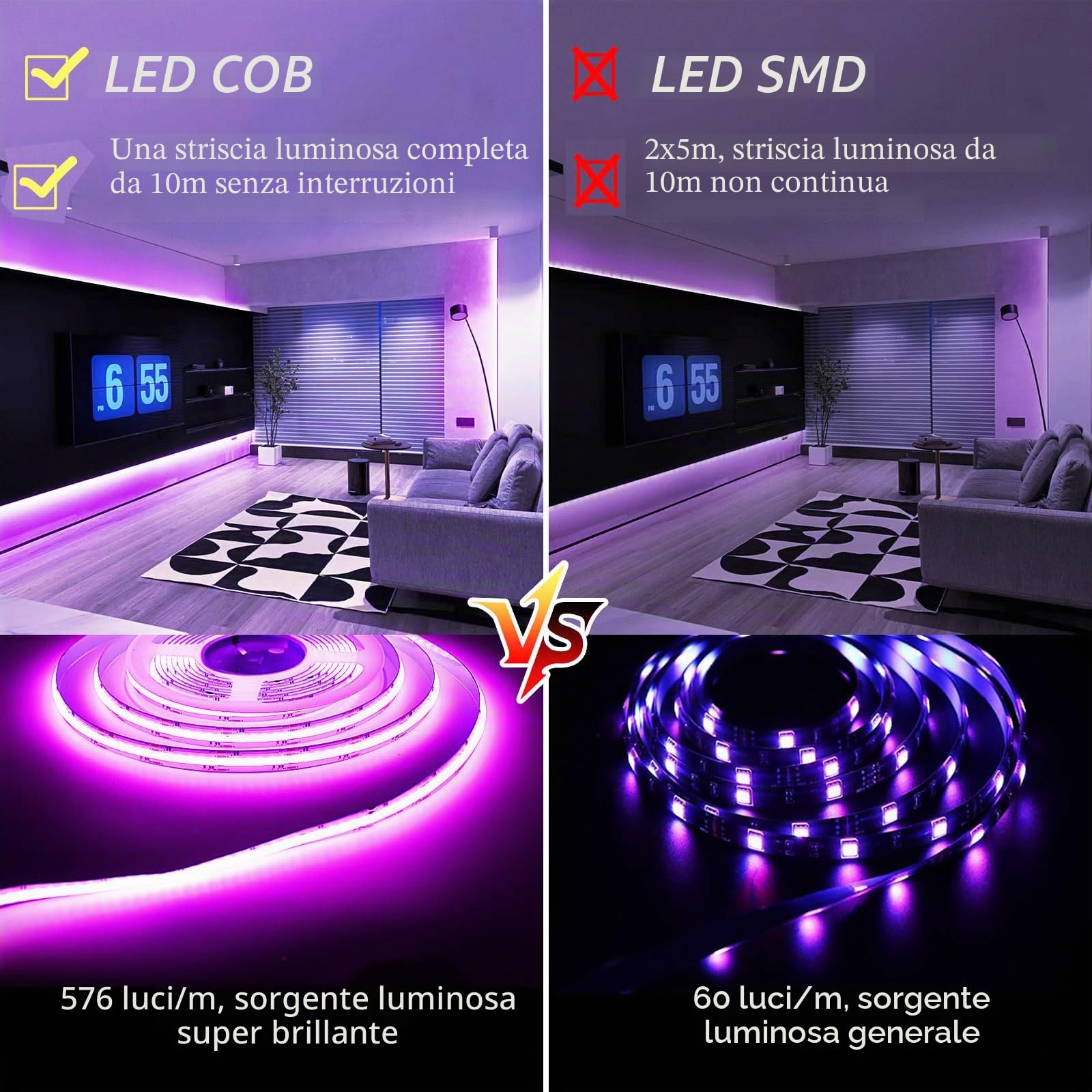 10M WiFi Striscia LED RGB COB luminosa LED, 24V Striscia LED COB RGB dimmerabile con telecomando e alimentatore, striscia luminosa LED ad alta densità 576LEDs/M,compatibile con Alexa, Google home