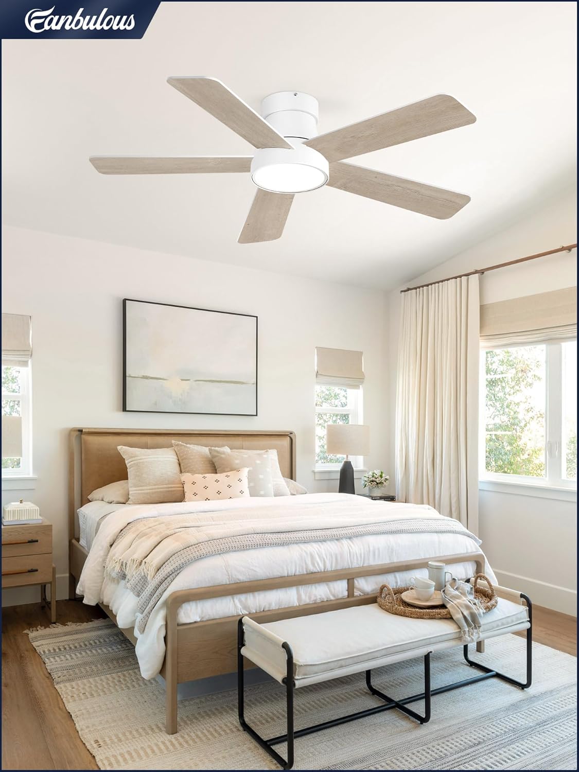 Fanbulous 42 Inch Ceiling Fans with Lights and Remote,Indoor Modern Flush Mount Ceiling Fan with 3CCT 6-Speed Quiet DC Motor,White Small Low Profile Ceiling Fan for Bedroom Living Room Office