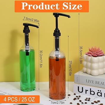 4 Pcs Syrup Bottles with Pump, 25 oz / 750 ml Long Neck Clear Bottles Plastic Syrup Pump Dispenser for Coffee Bar Accessories Home Party