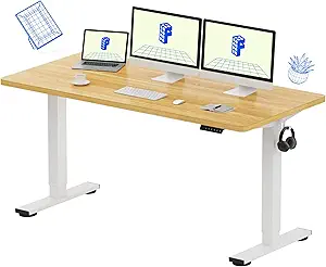 FLEXISPOT EN1 One-Piece Standing Desk, 60x24 Inches Large Electric Height Adjustable Sit Stand up Desk for Home Office (White Frame + Maple Desktop, 2 Packages)
