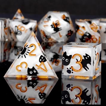 Haxtec Cat DND Dice Set, White Sharp Edge Resin Polyhedral RPG Dice