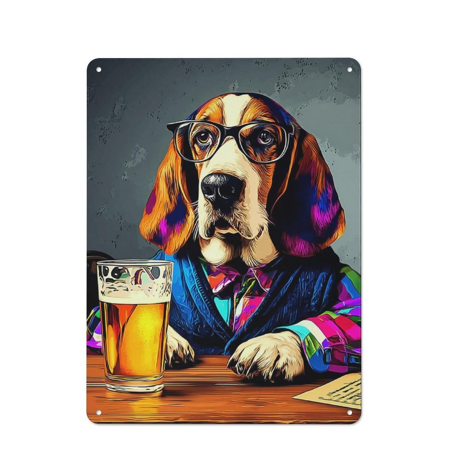 Junmoney Dog In Glasses Enjoying Beer Metal Wall Plaque With Design 40X30cm, Old Fashioned Vintage Wall Decor For Living Room, Hallway, Kitchen Or Cafe