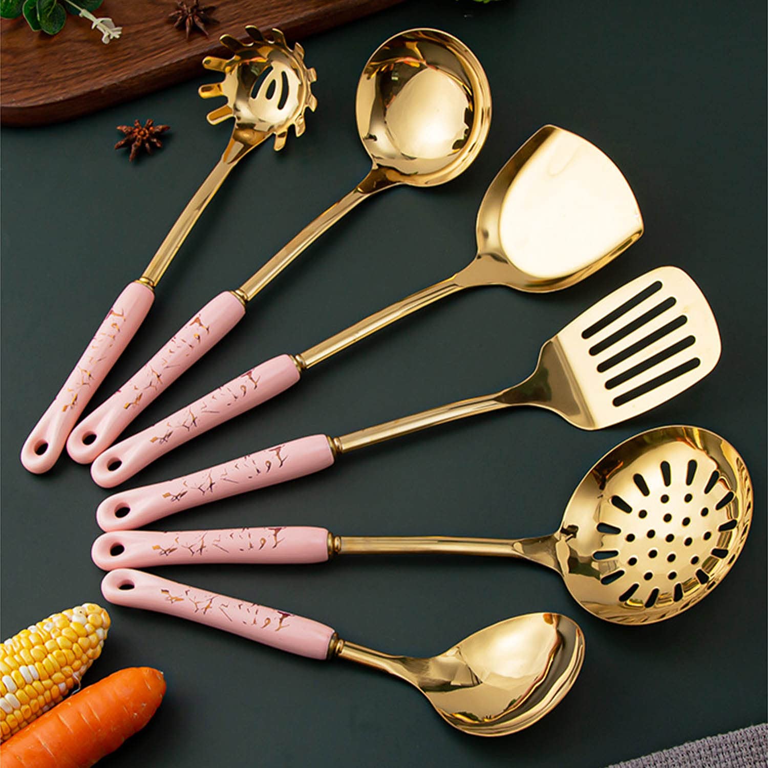 Luxe Ensemble D'ustensiles de Cuisine 7 Pcs Acier Inoxydable Ustensiles de Cuisine Poignée en Céramique avec Support Spatule Louche Cuillère de Service Serveur de Pâtes