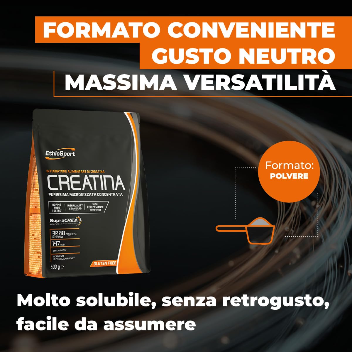 EthicSport CREATINA – Creatina monoidrato pura in polvere con SupraCREA™ – Incrementa le prestazioni fisiche in attività brevi e intense – elevata purezza, senza additivi – vegan, gluten free – 500 g