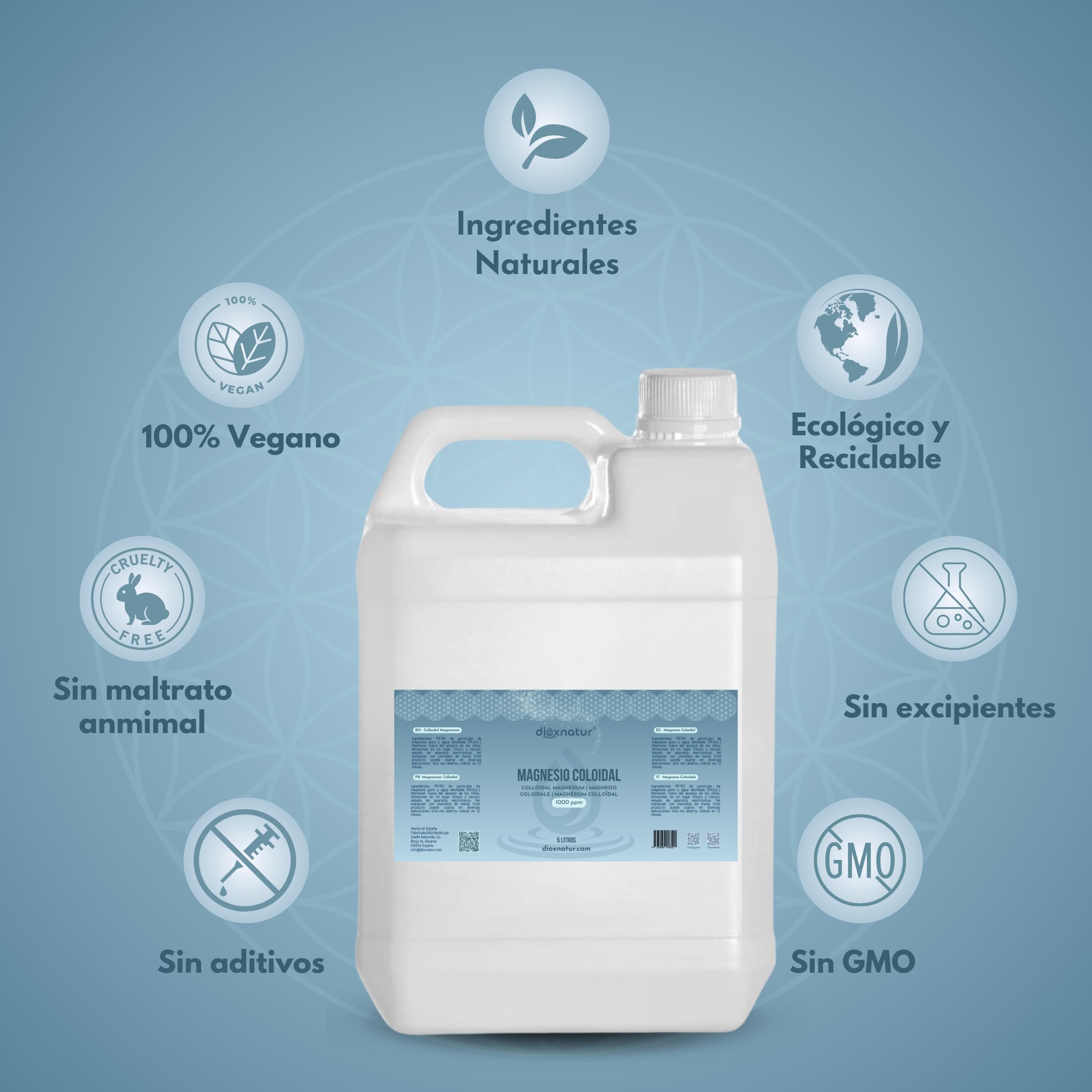 Magnesio Coloidal 5 L - 1000 ppm - Solución Líquida con Agua Bidestilada - Garrafa HDPE - Etiqueta en 5 Idiomas