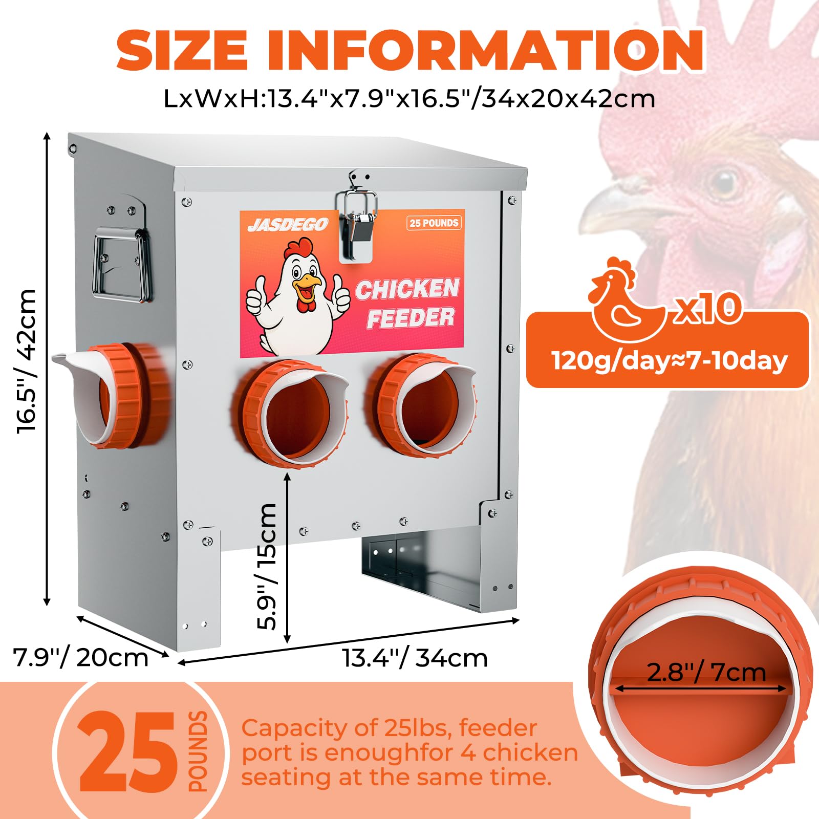 Comedero de metal para pollos, sin residuos, 25 libras, 4 puertos, alimentador automático de aves de corral con pestillo y mango para pollos, bantamas, faisanes, aves de corral, gallinero, a