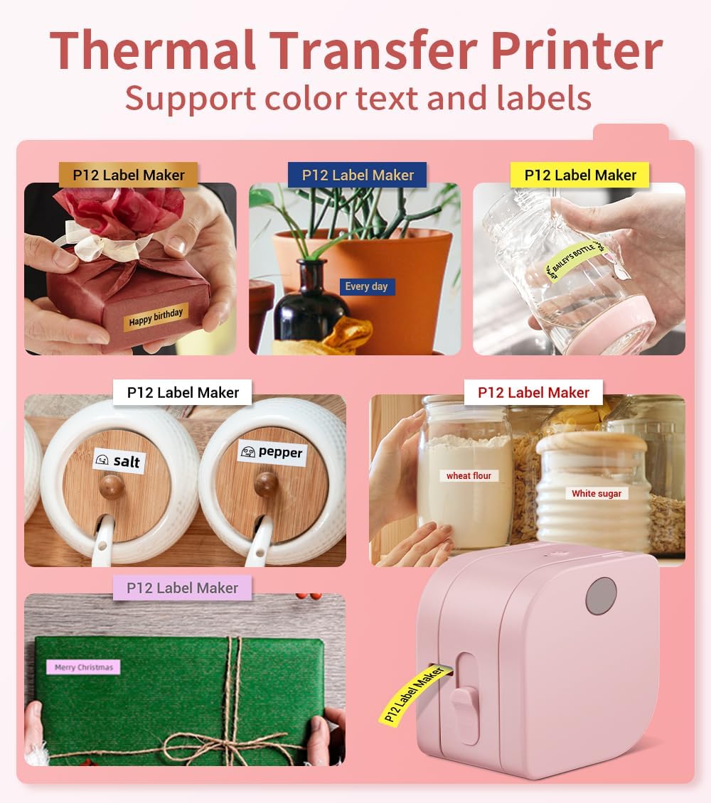 Phomemo Label Maker Machine with Tape, P12 Bluetooth Small Label Makers with Multiple Templates Ribbon Printer Machine for School, Name Tag, Home, Office, Kitchen, Gift Wrap, Pink - Image 4