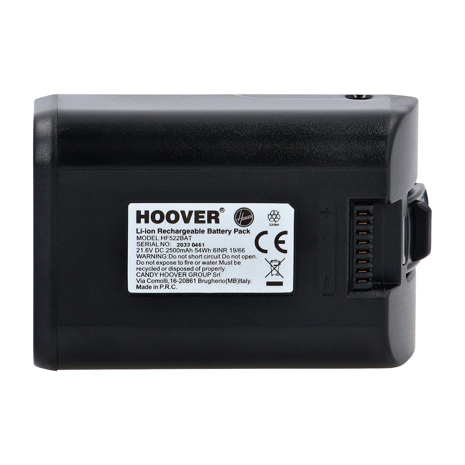 Bottom view of the Hoover B011 rechargeable lithium battery, displaying the product label with model number HF522BAT and 21.6V specifications.