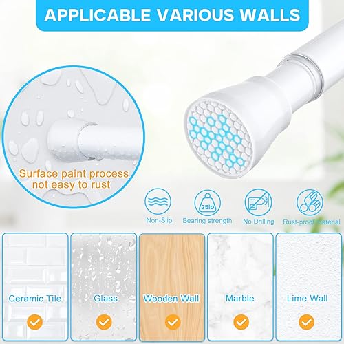 Miniatura 5 de Barra de cortina de tensión blanca y plateada para ventanas de 28 a 48 pulgadas, barra de cortina ajustable con resorte de presión expandible sin