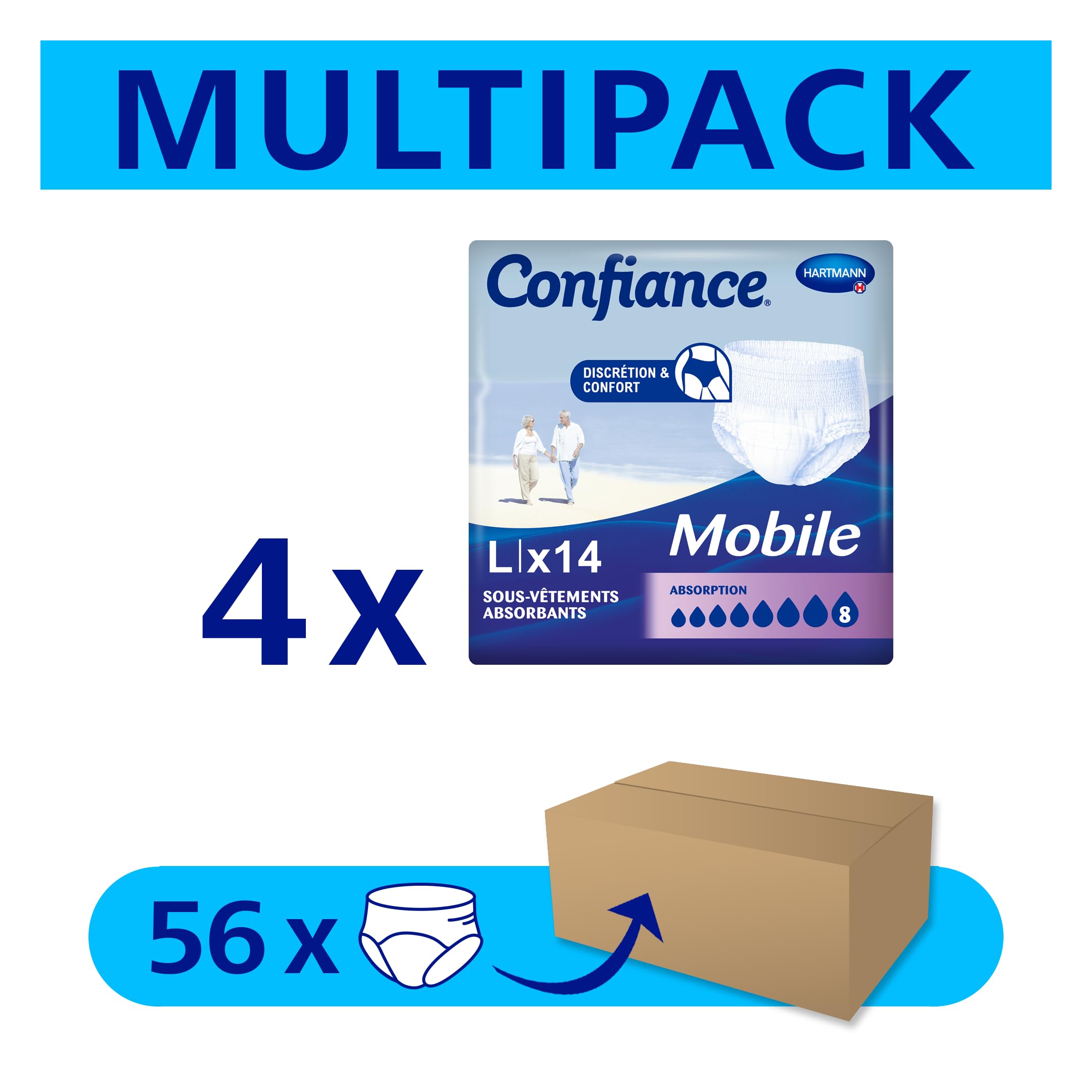 Confiance Mobile – saugfähige Slips für Männer und Frauen – Absorptionsgrad = 8 Tropfen (starke Blasenschwäche) – diskret und effektiv – pH-neutral zur Haut – Größe L – 4 x 14 Stück