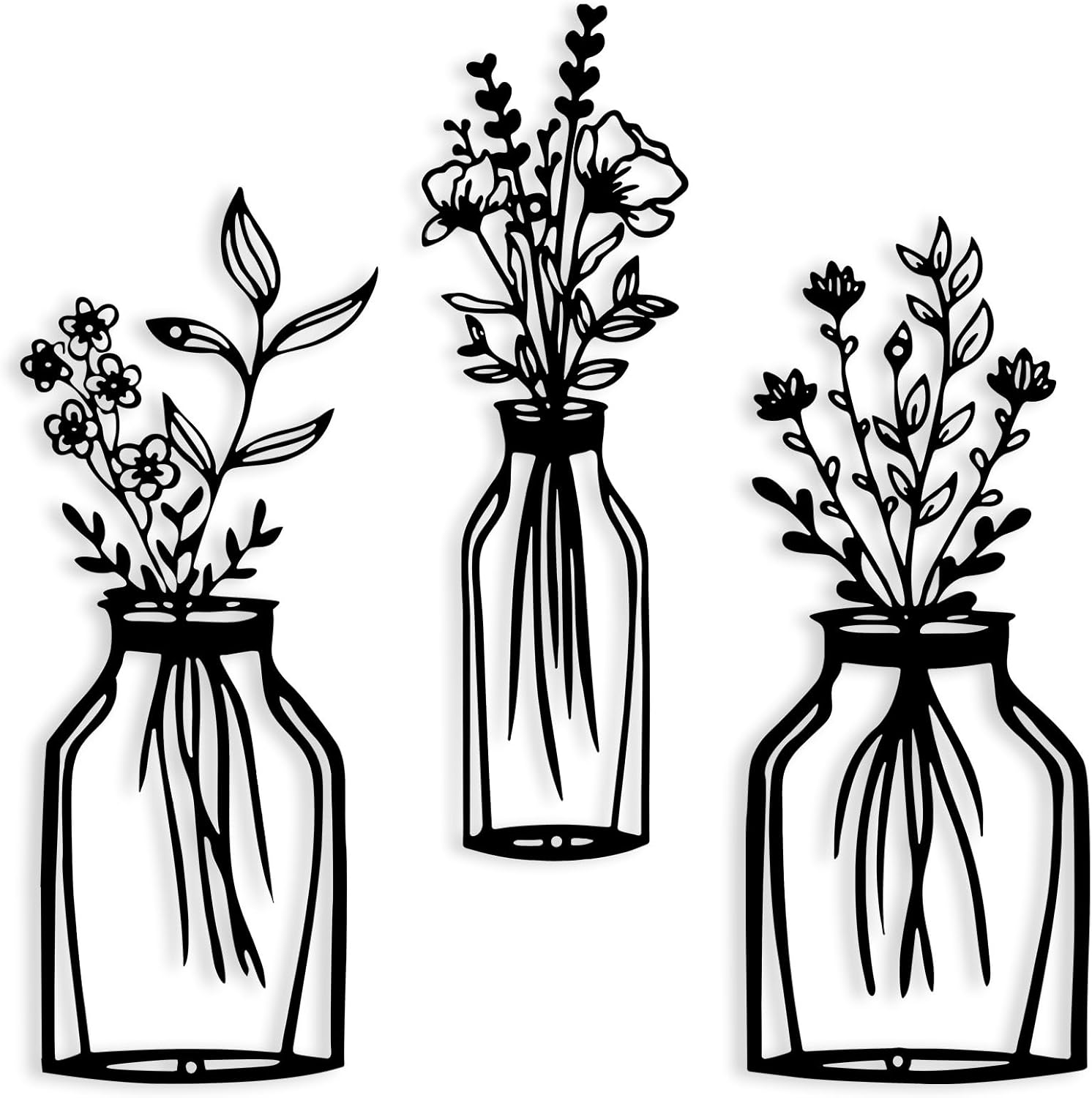 GLUUFLOWER 3 Pieces Black Metal Flower Vase Wall Art Decor Wire Wall Art Metal Wall Sculptures Iron Decorative Hanging for Indoor Kitchen Bathroom Dining Room Bedroom Living