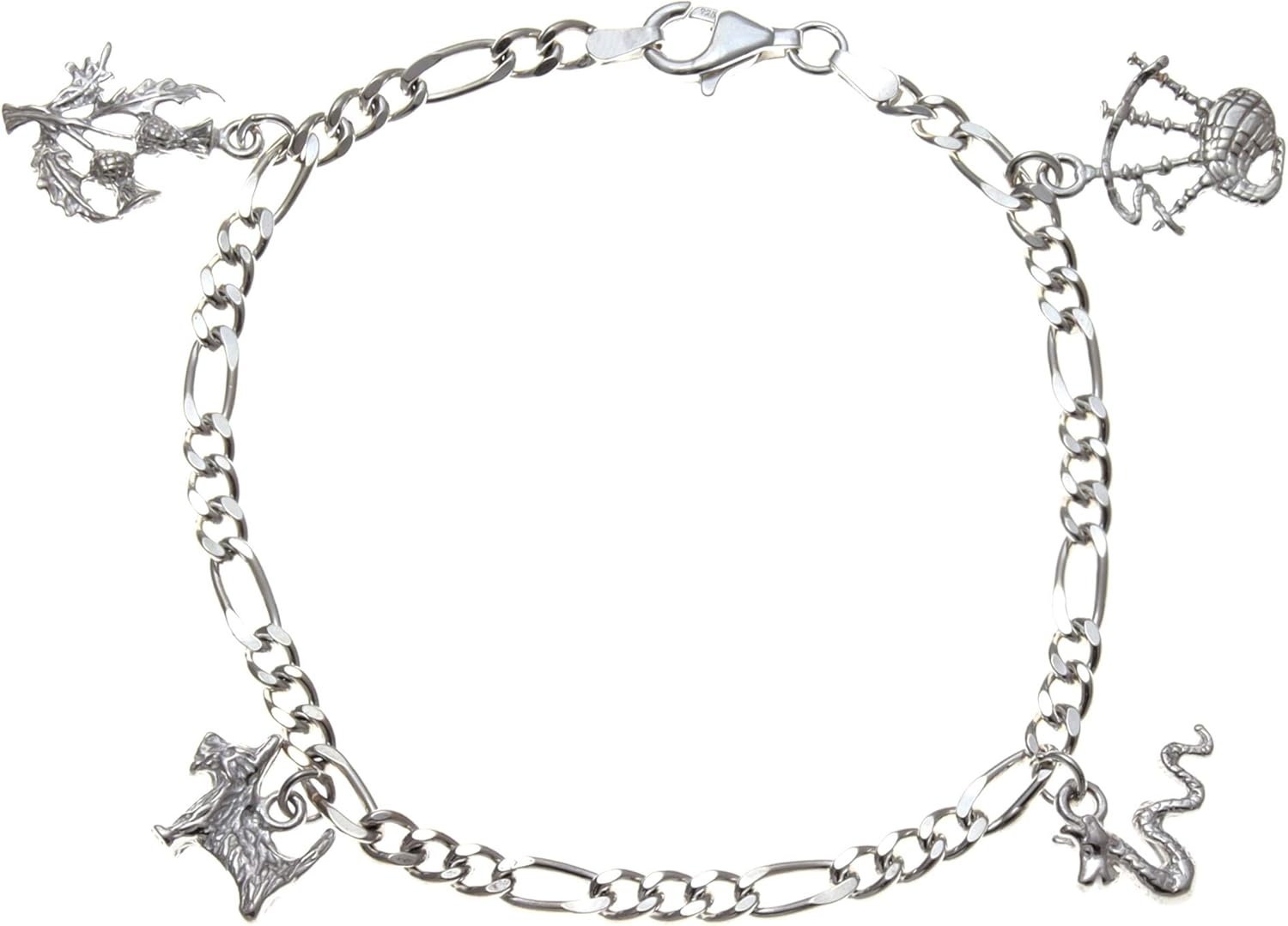 Alexander Castle 925 Sterling Silver Scottish Charm Bracelet with Thistle, Bagpipes, Nessie, & Scotty Dog - Scottish Gift for Women with Jewelry Gift Box